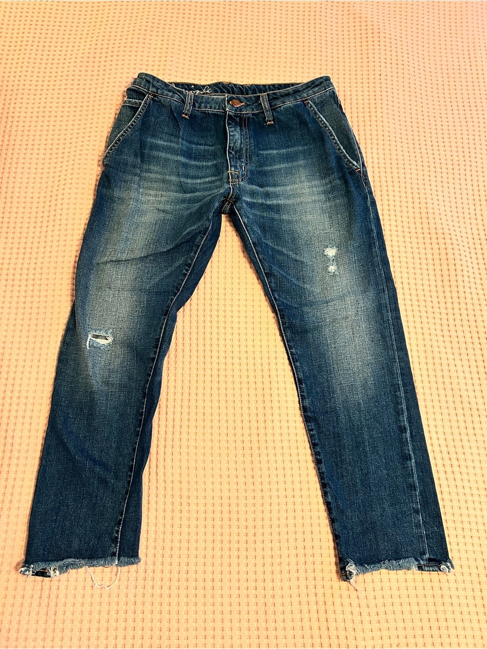(+) People Women's Cropped Distressed Blue Denim Jeans